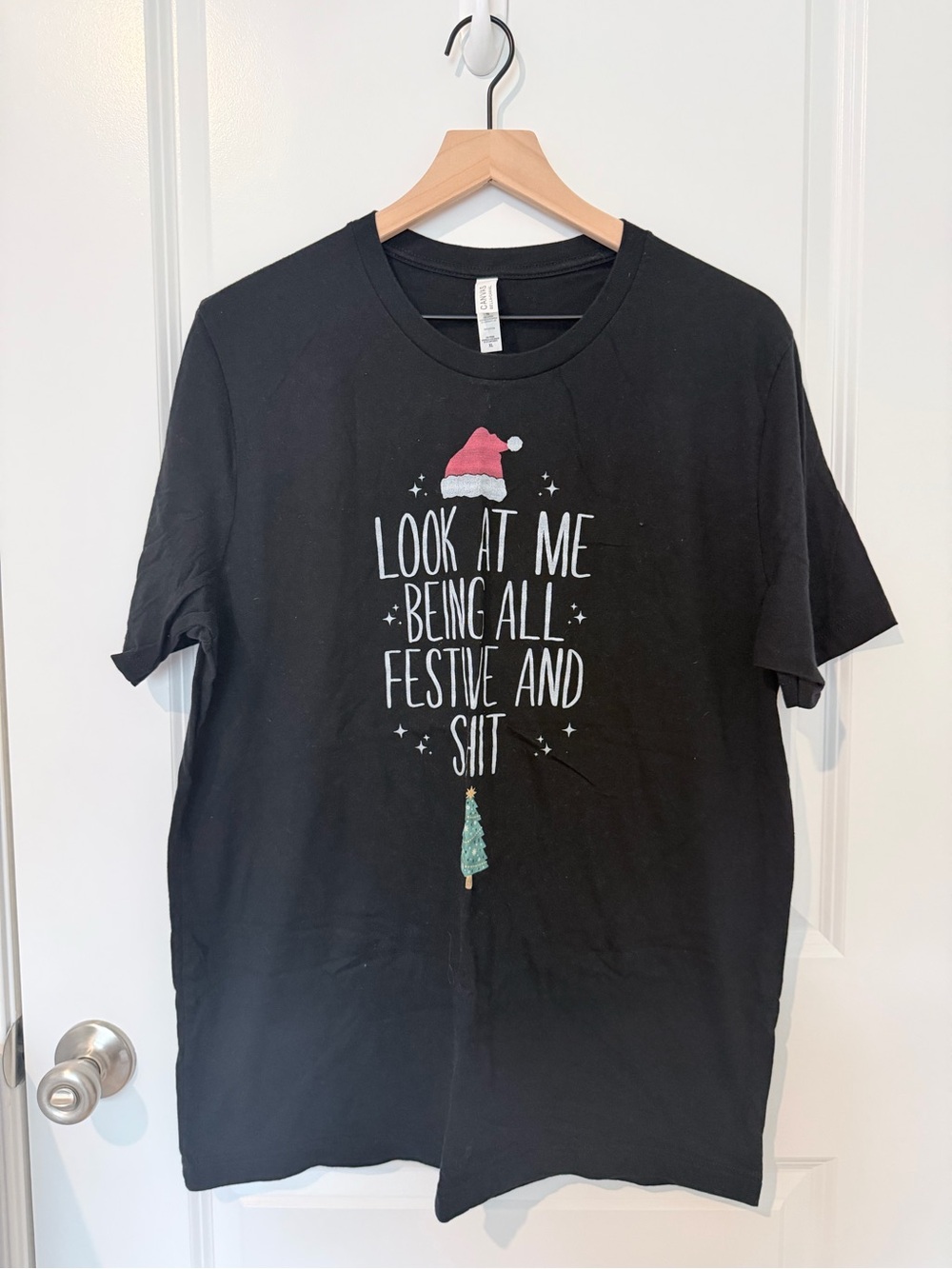 Bella Canvas Black Holiday Tee with Red Santa Hat and Green Tree